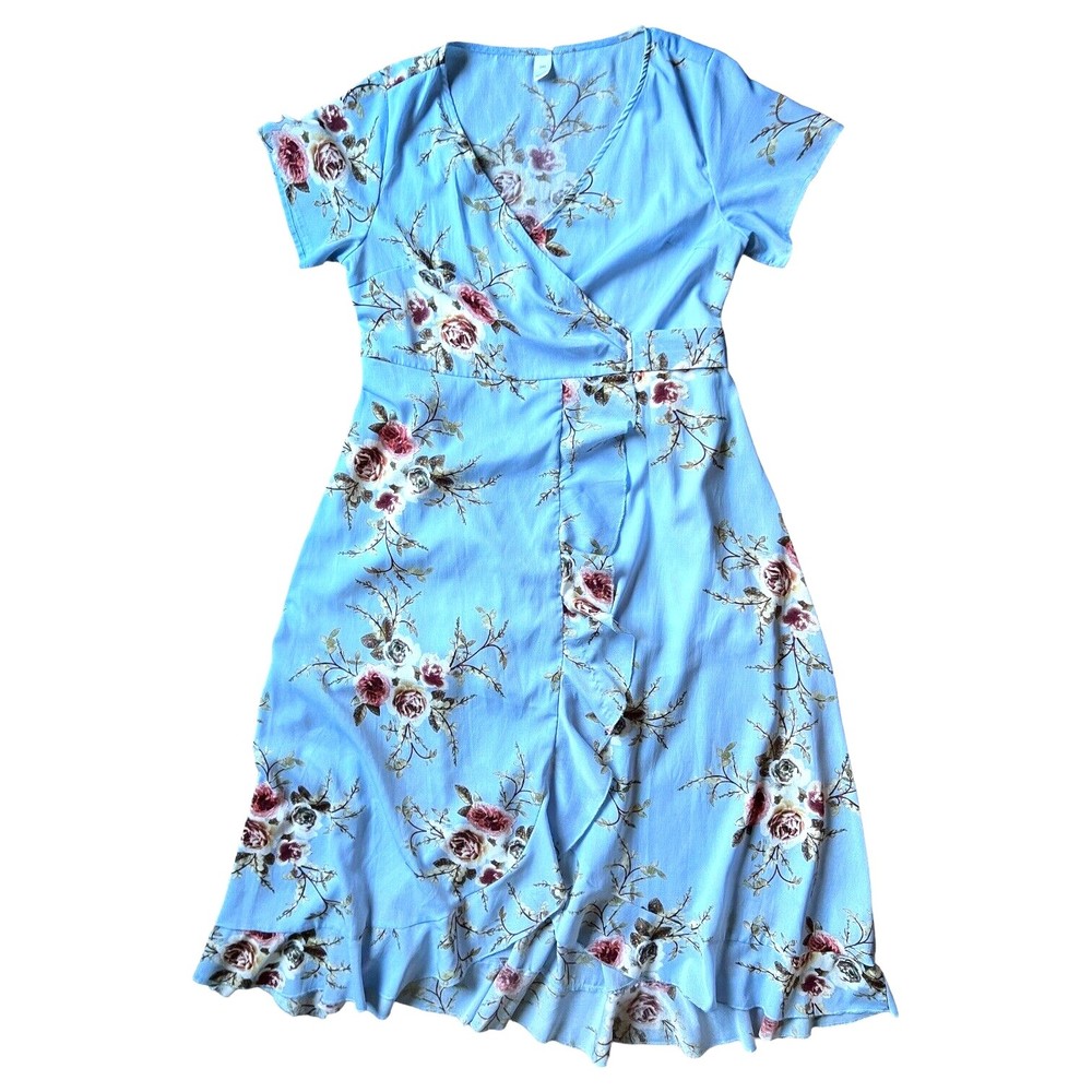 Blue Floral Maxi Dress Ruffled Tulip Hem Wrap Dress Plus Size 0X V-Neck w Bow